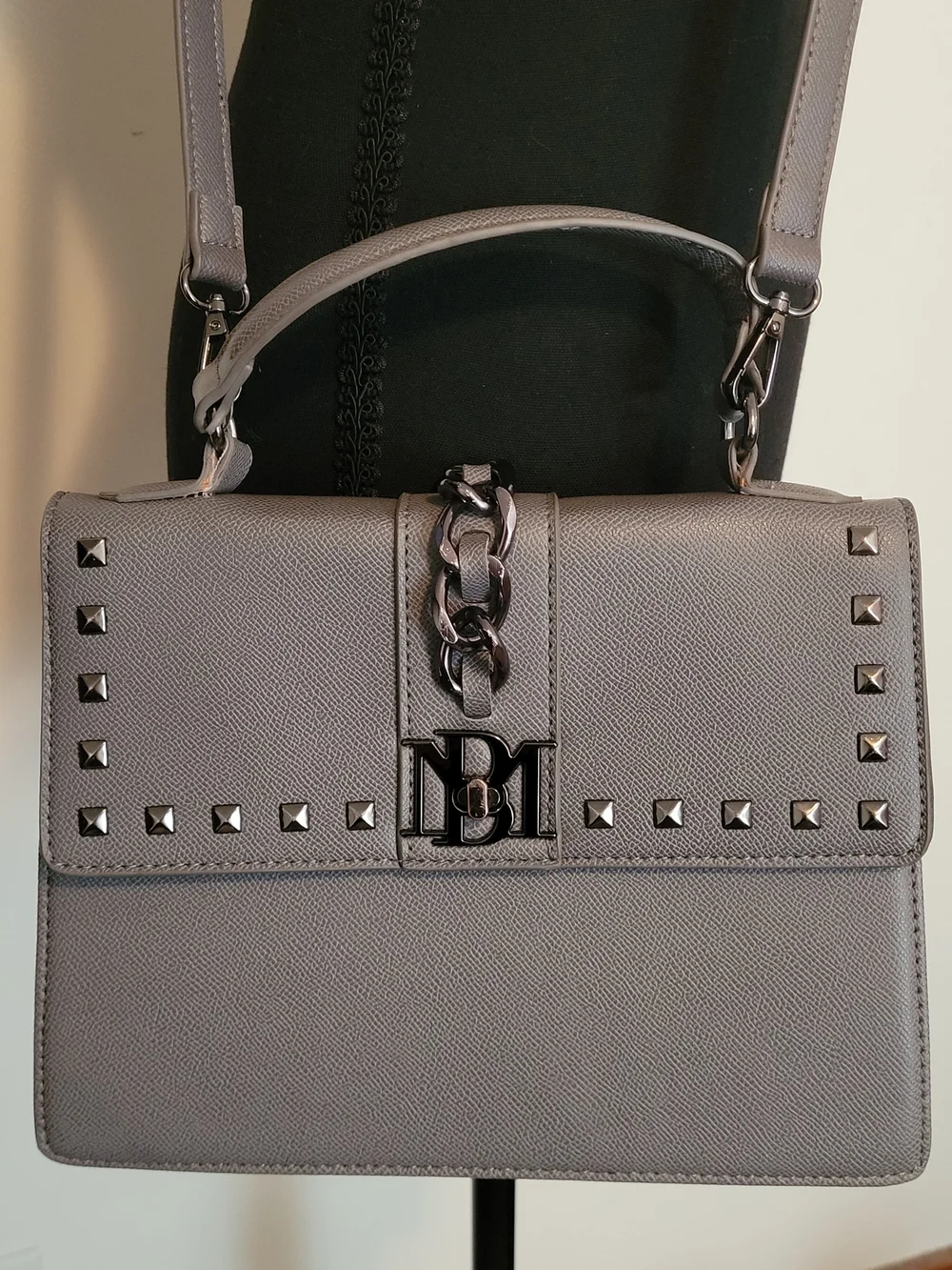 Badgley Mischka Gray Studded Gunmetal Chain-Trim Handbag Vegan Leather